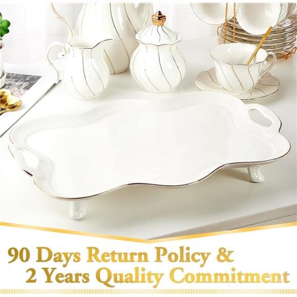 Porcelain Serving Tray with Handles Luxury Tea Tray Coffee Table Decor Gold Rim - Picture 5 of 6